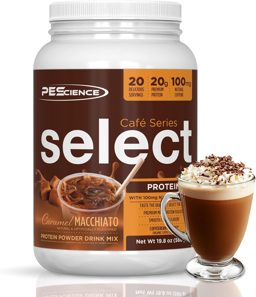 PEScience Select Cafe Protein Coffee Flavored Powder, Caramel Macchiato, 100mg Caffeine, 20g Iced Protein Coffee Powder or Creamer, 20 Servings