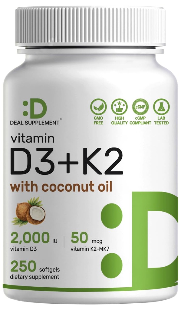 DEAL SUPPLEMENT Vitamin D3 2.000 IE + K2 MK7 50mcg Softgels ttesmå 124; 2-in-1 Kompleks med Virgin kokokos Olie • 124; Understøtter hjerte, ben, tænder og immunforsvar • 124; Let at synke