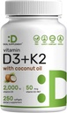 DEAL SUPPLEMENT Vitamin D3 2.000 IE + K2 MK7 50mcg Softgels ttesmå 124; 2-in-1 Kompleks med Virgin kokokos Olie • 124; Understøtter hjerte, ben, tænder og immunforsvar • 124; Let at synke