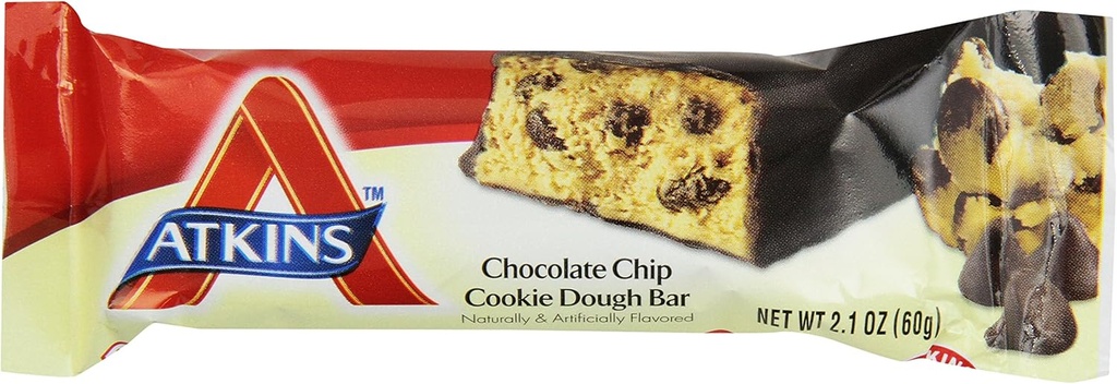 Atkins Chocolate Chip Cookie Dough Protein Meal Bar, High Fiber, 1g Sugar, 3g Net Carbs, Meal Erstatning, 5 Greve (pakke med 6)