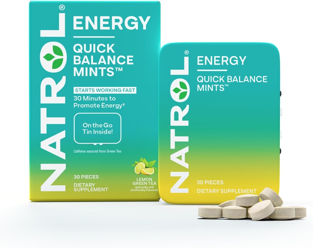 Natrol Quick Balance Energy Mints, Energy Supplement, 30 Lemon Green Tea naturligt og kunstnerisk smag, 30 Greve, 15 dages forsyning