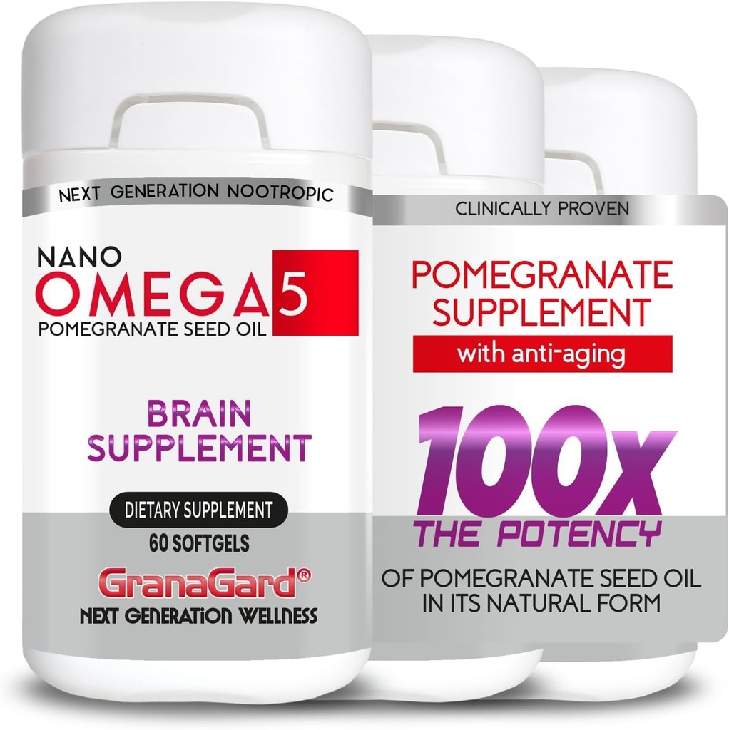 Hjerne kosttilskud med anti-aging, hukommelse piller, Omega 5 Pomegranat supplement, 3 flasker 60ct hver
