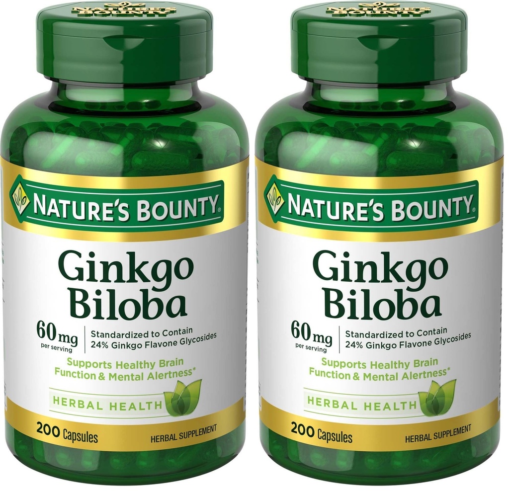 Nature's Bounty Ginkgo Biloba, Supports Healthy Brain Function, Herbal Supplement, 60 Mg, 200 Capsules (Pack of 2)