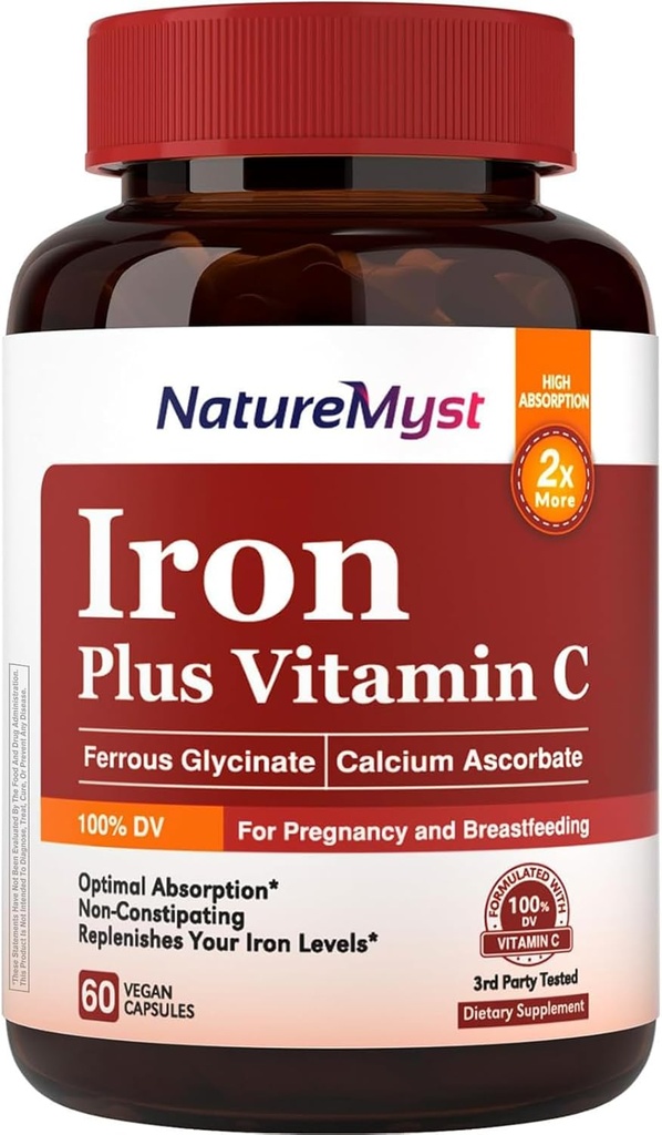 Gentle jerntilskud til kvinder Mænd, 27 mg iron Bisglycinate Plus 120mg C-vitamin, Mave Friendly, Optimal Absorption & Non- Constipating Iron Pills, Gluten Free, Non- GMO, 60 Vegan Caps