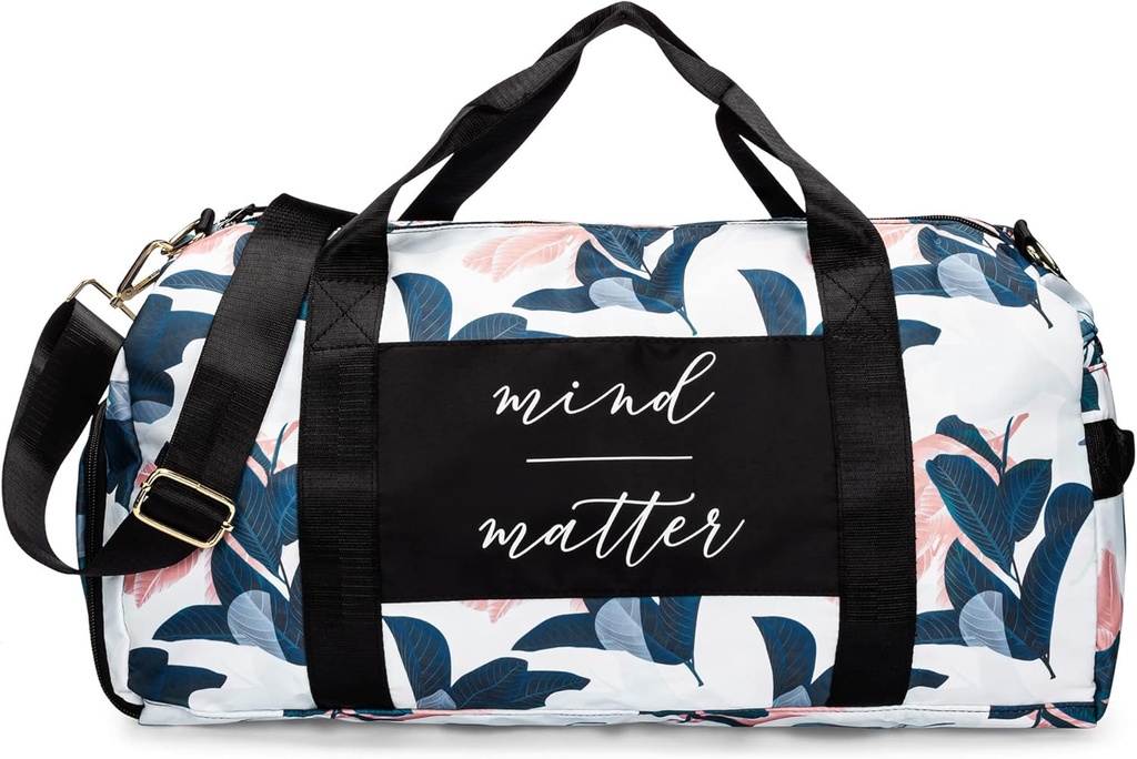 Gym taske til kvinder med Shoe Segment og Wet Pocket Mea124; Holdbar Lightweight Gym Duffle Bag med bevægelig Quote og Grafisk Design Mea124; Great for motion og Overnight Measures 124; Hvid / Navy - Guava Leaf