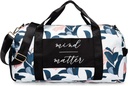 Gym taske til kvinder med Shoe Segment og Wet Pocket Mea124; Holdbar Lightweight Gym Duffle Bag med bevægelig Quote og Grafisk Design Mea124; Great for motion og Overnight Measures 124; Hvid / Navy - Guava Leaf