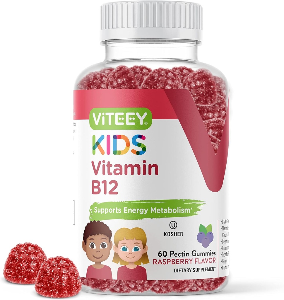 Viteey Vitamin B12 til børn Gummies, 1000mcg - Metabolisme, Natural Energy Support - Vegan, Gelatine fri, Gluten fri, GMO fri - Tasty Chewable B12 Raspberry Flavored Gummy