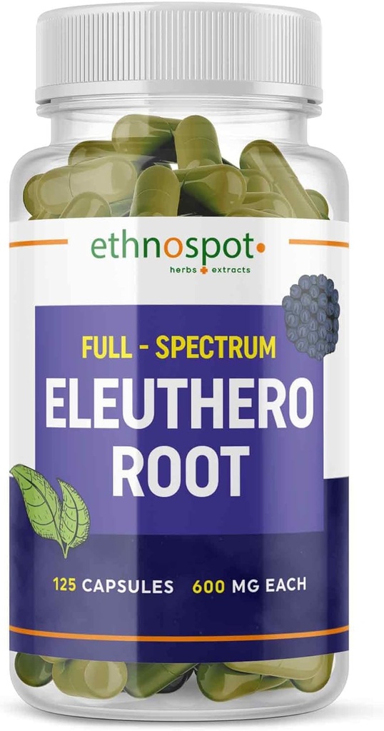 Fuld Spectrum Eleuthero Root Kapsler - Sibirisk Ginseng - Øger fysisk Stamina & Mental Alerness - Understøtter immunsystemet - Forbedret Eleutherosid Profil - Alle naturlige - 125 Veganske Kapsler