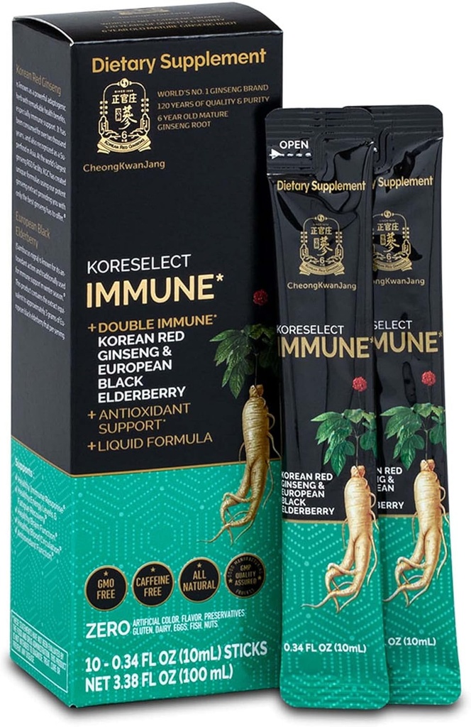 Immunation, Koreansk Rød Ginseng Uddrag med Elderberry Liquid Sticks, Immunity Support, Blood Circulation Booster, Natural Energy Supplement, 6 År Gamle Asian Panax Ginseng, 10 Greve