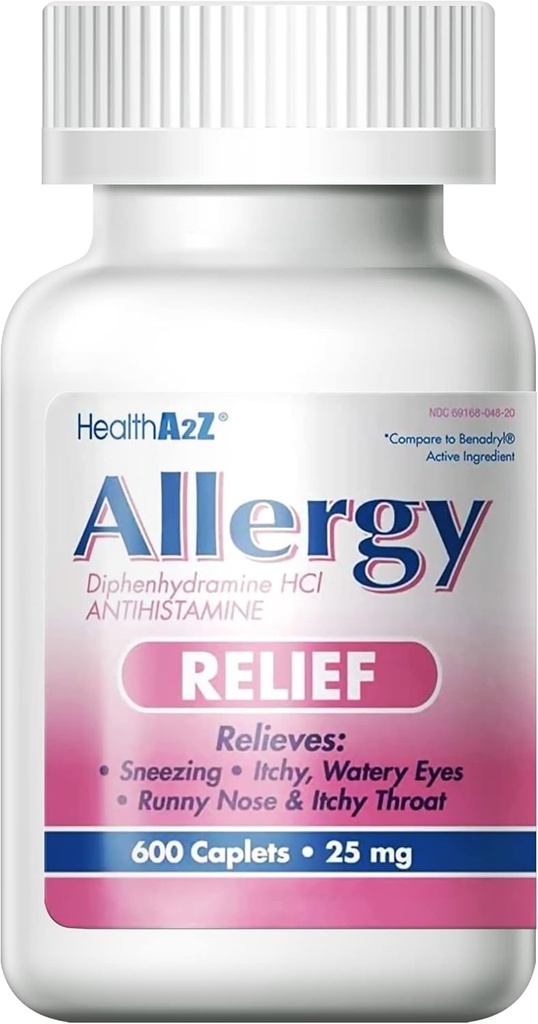 HealthA2Z ® Allergy Relief • 124; Diphenhydramin HCL 25mg • 124; Antihistamin • 124; Relief fra Itchy That, nysen, Runny Noses • 124; Indendørs & Udendørs Allergier (600 kapsler (pakning med 1))