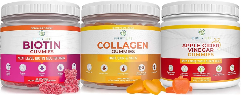 Rens liv Apple Cider Vincils, Collagen & Biotin Bundle, Gut sundhed & fordøjelse, Gummies for hårvækst, sundere hud & negle, Vegan, Gluten Free, Non- GMO Alle naturlige kosttilskud