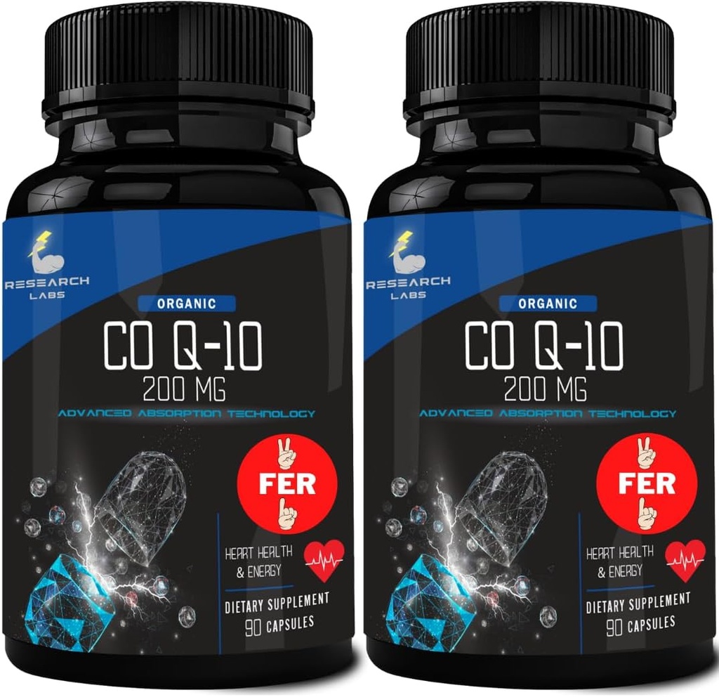 Forskning Labs 180 Softgels Advanced Absorption 200mg CoQ10 w / Black Pepper Extract. 2 for 1 Ad. Organic, Gluten Free, Heart Health Support, Energy Production, Antioxidant Supplement