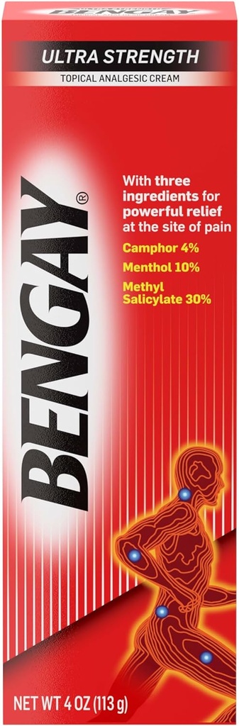 Bengay Ultra Strength Topical Pain Relief Cream, Non- Greasy Topical Analygesic for Minor Arthritis, Muscle, Joint and Back Pain, Campher, Menthol og methylsalicylat, 4 OZ