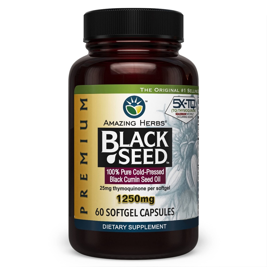 Amazing Herbs Premium Black Seed Oil Capsules - High Potency, Cold Pressed Nigella Sativa aids i fordøjelsessygdomme, immunforsvar & hjernefunktion - 60 greve, 1250mg