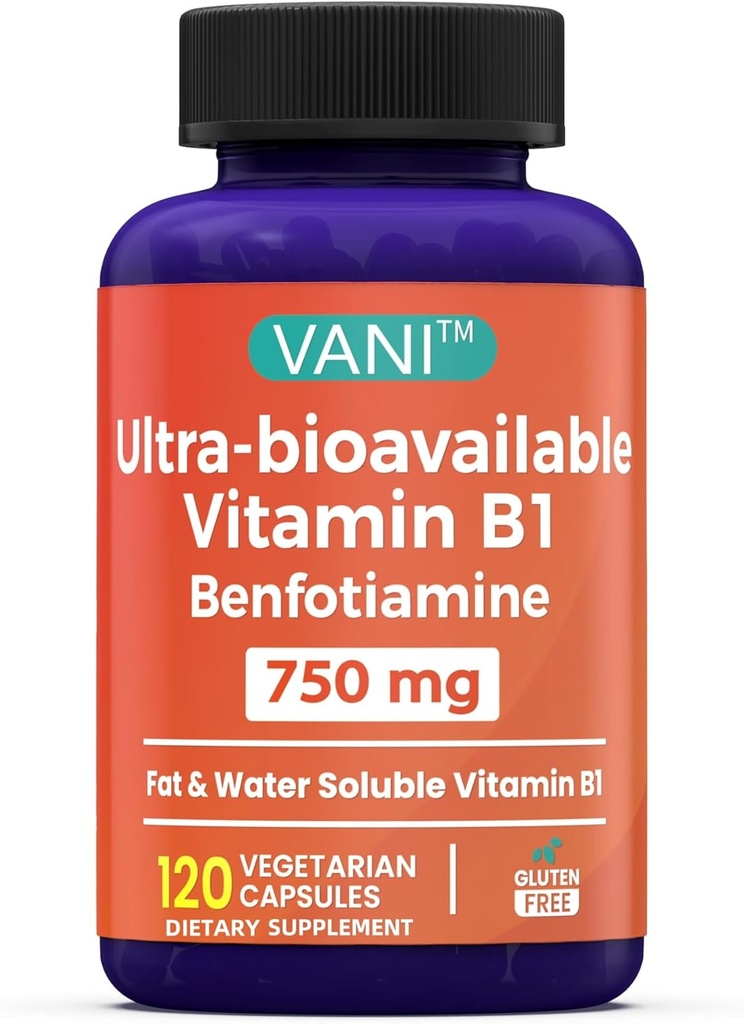 VANI vitamin B1 med 750mg benfotiamin, 2 i 1 Forbedret formel-fedt & vand Opløselig Thiamin B1 Supplement: 124; 120 Kapsler: 124; Gluten Free