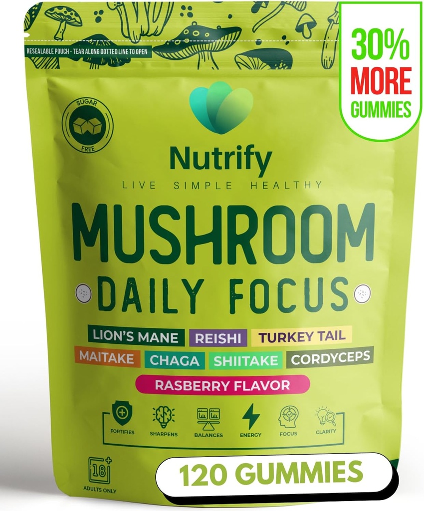 Nutrify 120 Mushroom Gummies Immunsupport & Brain Performance Resilience & Memory Boost med Reishi, Cordyceps, Tyrkiet Hale, Maitake, Shiitake & Chaga Lækker Raspberry Flavor Vegan & Sukker Free