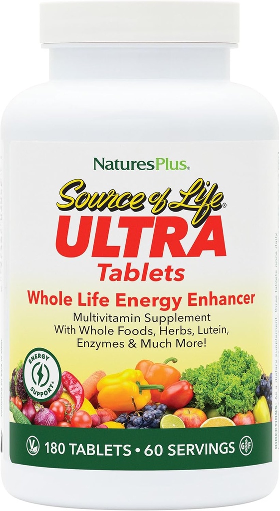 Natures Plus Kilde of Life Mini- Tabs - Nem at synke hele fødevarer Multivitamin med kappede mineraler, Energy Booster - 180 Vegetar Mini tabletter (30 Servere)