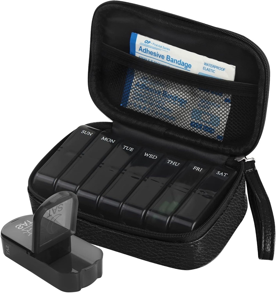 Ugentlig PU Leather Pill Bag Organizer sag 2 gange om dagen, AM PM Daily Pill Box at holde Vitamin, Fish Oil, Kosttilskud og Medicin (sort)