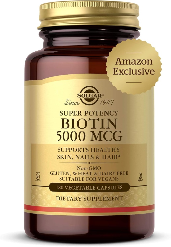 Solgar Biotin 5000 mcg - Understøtter sund hud, negle & hår - Understøtter energiproduktion & Metabolisme - Vitamin B - Non- GMO, Vegan, Gluten Free - 180 Tæl