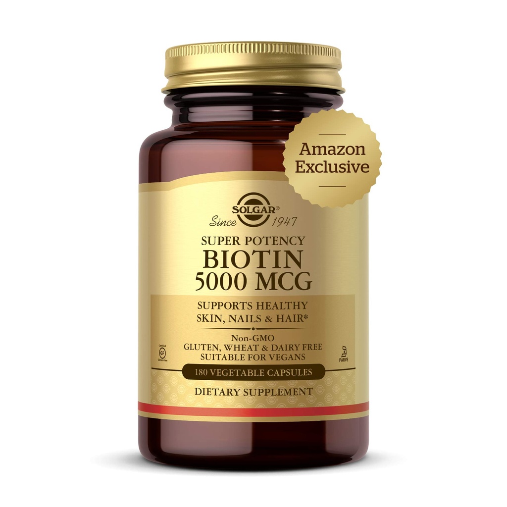 Solgar Biotin 5000 mcg - Understøtter sund hud, negle & hår - Understøtter energiproduktion & Metabolisme - Vitamin B - Non- GMO, Vegan, Gluten Free - 180 Tæl