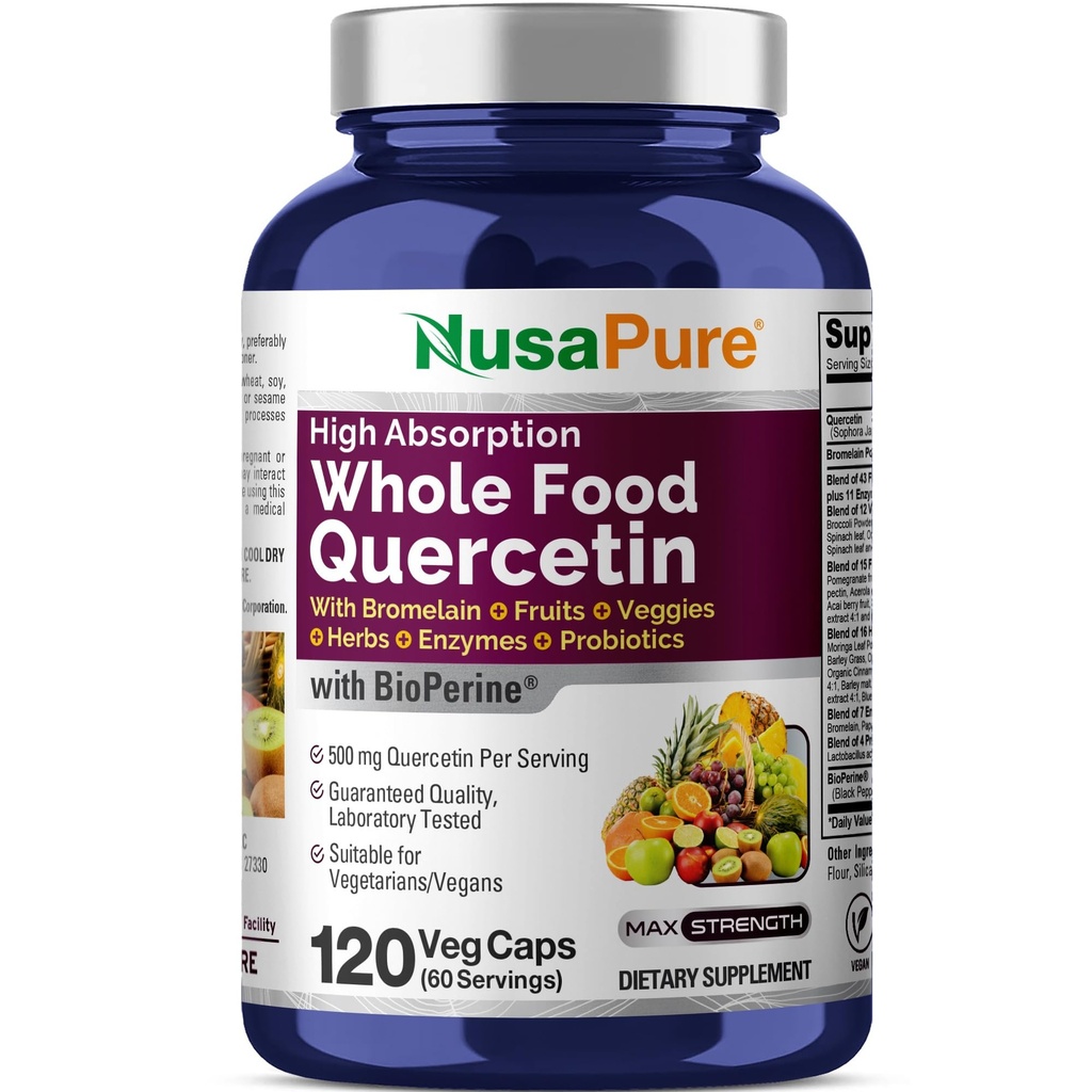 NusaPure Quercetin med bromelain 500 mg 1 125 mg; 120 Veggie Caps 1 125; 43 Fruit Veggie Grain Urter Enzyme Probiotic Blend 1 125; Non- GMO, Vegan, Bioperine