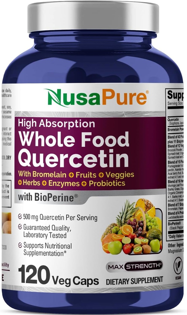 NusaPure Quercetin med bromelain 500 mg 1 125 mg; 120 Veggie Caps 1 125; 43 Fruit Veggie Grain Urter Enzyme Probiotic Blend 1 125; Non- GMO, Vegan, Bioperine