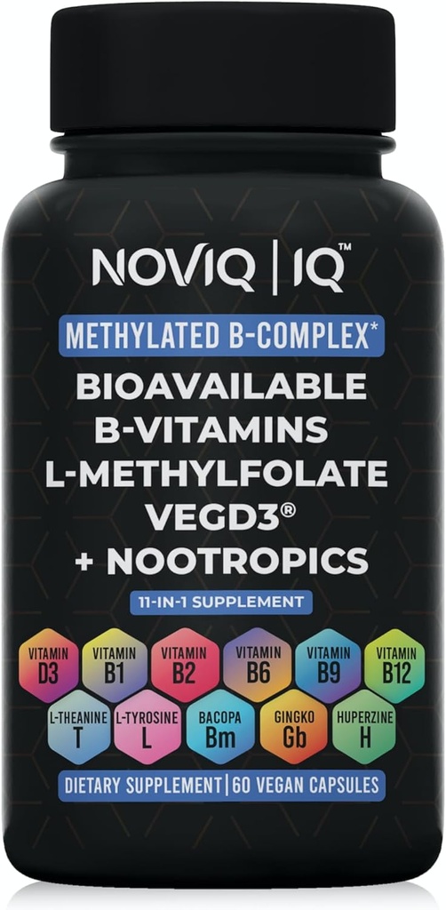 11-in-1 Metyleret B- kompleks Supplement: 680mcg L- methylfolfolat (5- MTHF) Thiamin (B1) Riboflavin (B2) Pyridoxal (B6) Methylcobalamin (B12) - VegD3 ® + Nootropics - 1,100mg + Servering - 60 Greve