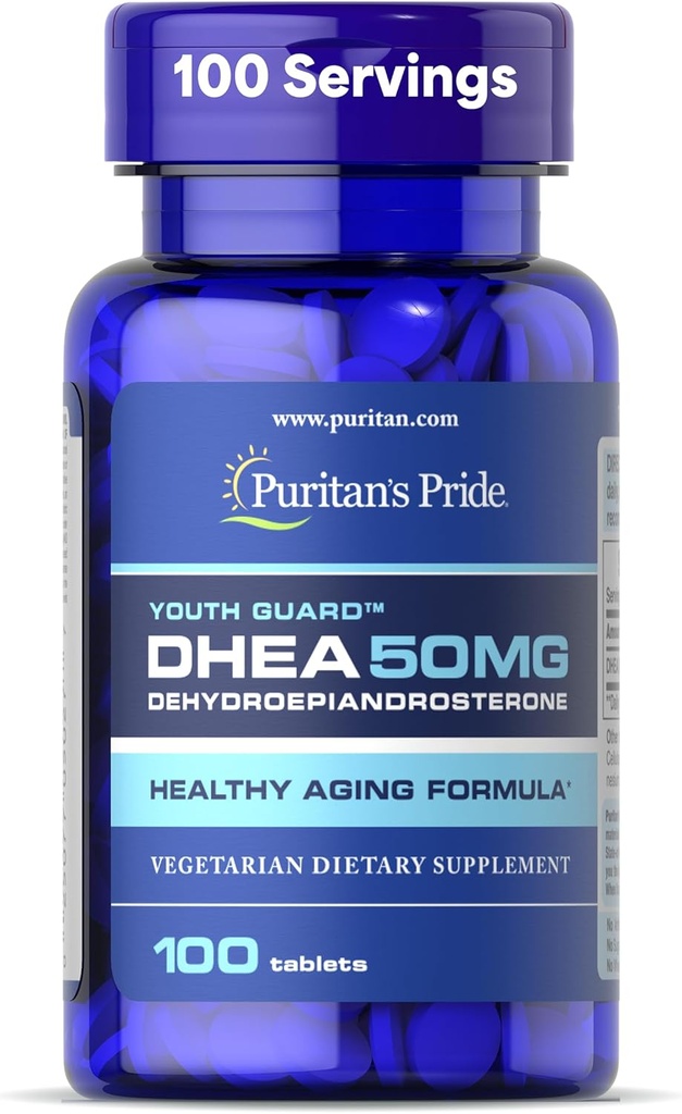 Puritans Pride Youth Guard ™ DHEA for kvinder og mænd 50mg, Kosttilskud til sund aldring, 3 måneders forsyning, 100 tabletter
