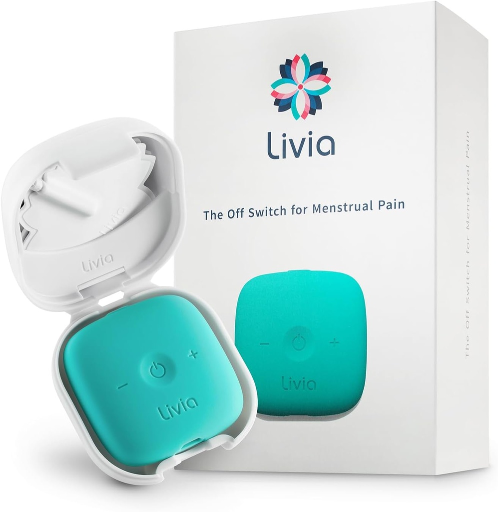 Livia Menstrual Pain Relief Device, Blue- Green - Off- Switch for Periode Pain - Portable & Discreet - Genopladelig, Op til 12 Timer batteri - Komplet Kit med Stick-On Pads - Go- til Travel Partner