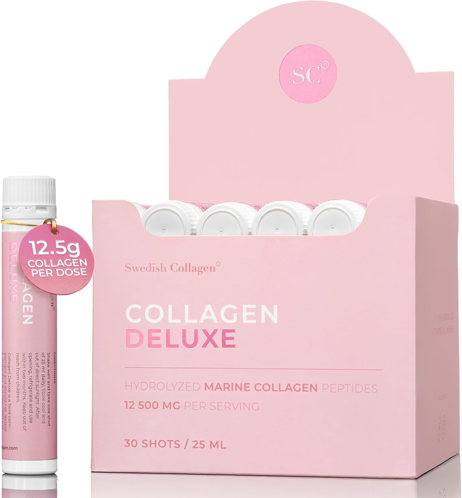 Svensk Collagen Deluxe 12. 4; 12. 500 mg Hydrolyzed Marine Collagen Liquid Supplement - 30 x 25 ml Daily Shots 12. 4; Hyaluronsyre, biotin og C-vitamin til støtte sundt hår, hud, negle 12. 4; Sukkerfri