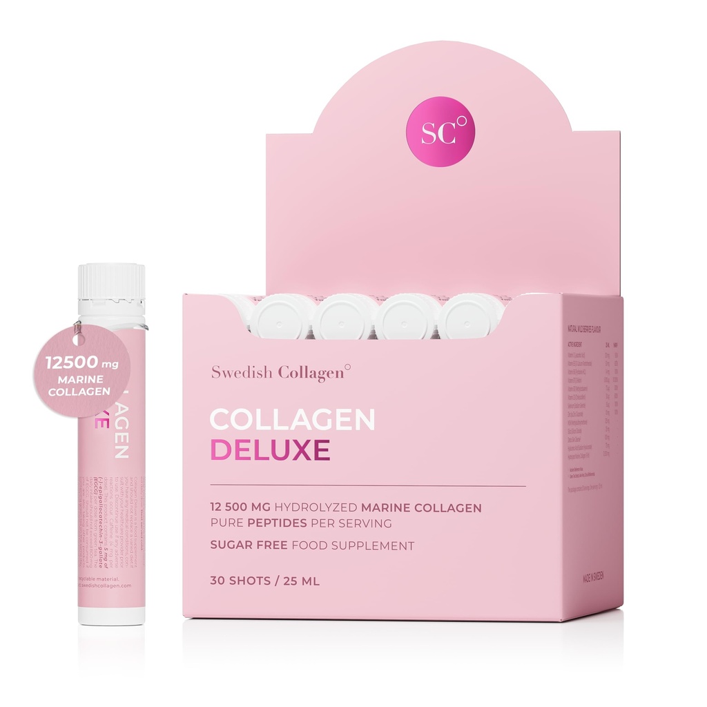 Swedish Collagen Deluxe, 12,500 mg Hydrolyzed Marine Collagen Liquid Supplement - 30 x 25 ml Daily Shots | Hyaluronic Acid, Biotin & Vitamin C for Healthy Hair, Skin, Nails & Joints | Sugar-Free