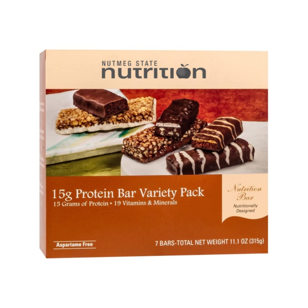 Nutmeg State Nutrition High Protein Snack and Meal Replacement Bar/Diet Bars - 15g Protein Bar Variety Pack (7ct) - Trans Fat Free, Aspartame Free, Kosher, High Fiber