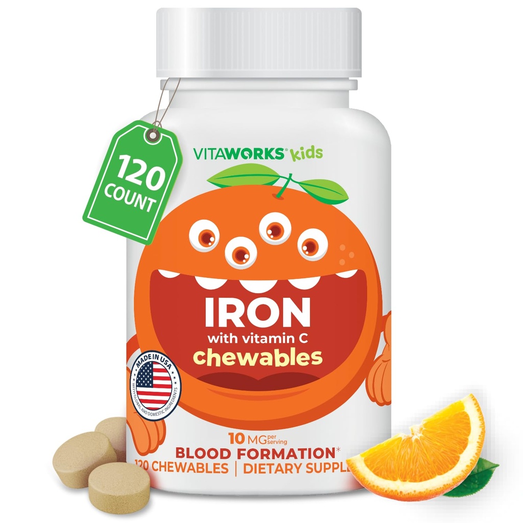Kids Iron 10mg med C-vitamin 50 mg tyggetabletter - smagfuld naturlig smag - Vegansk, Vegetarisk, GMO- fri, Nut fri - Kosttilskud af jern - bloddannelse for børn - 120 tyggetabletter