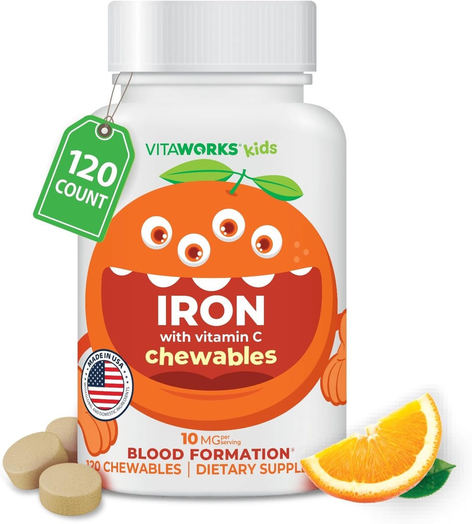 Kids Iron 10mg med C-vitamin 50 mg tyggetabletter - smagfuld naturlig smag - Vegansk, Vegetarisk, GMO- fri, Nut fri - Kosttilskud af jern - bloddannelse for børn - 120 tyggetabletter