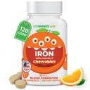Kids Iron 10mg med C-vitamin 50 mg tyggetabletter - smagfuld naturlig smag - Vegansk, Vegetarisk, GMO- fri, Nut fri - Kosttilskud af jern - bloddannelse for børn - 120 tyggetabletter