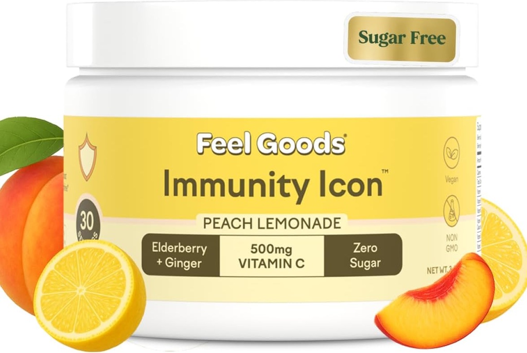Mærk produkter Immunitet Icon, Zero Sugar, C-vitamin, A, B, D, E & Zink, Organic Elderberry, Ashwagandha, Drink Mix Powder, Vegan, Non GMO, Koffein & Gluten Free Buddy 124; Peach Lemonade, 30 Servere