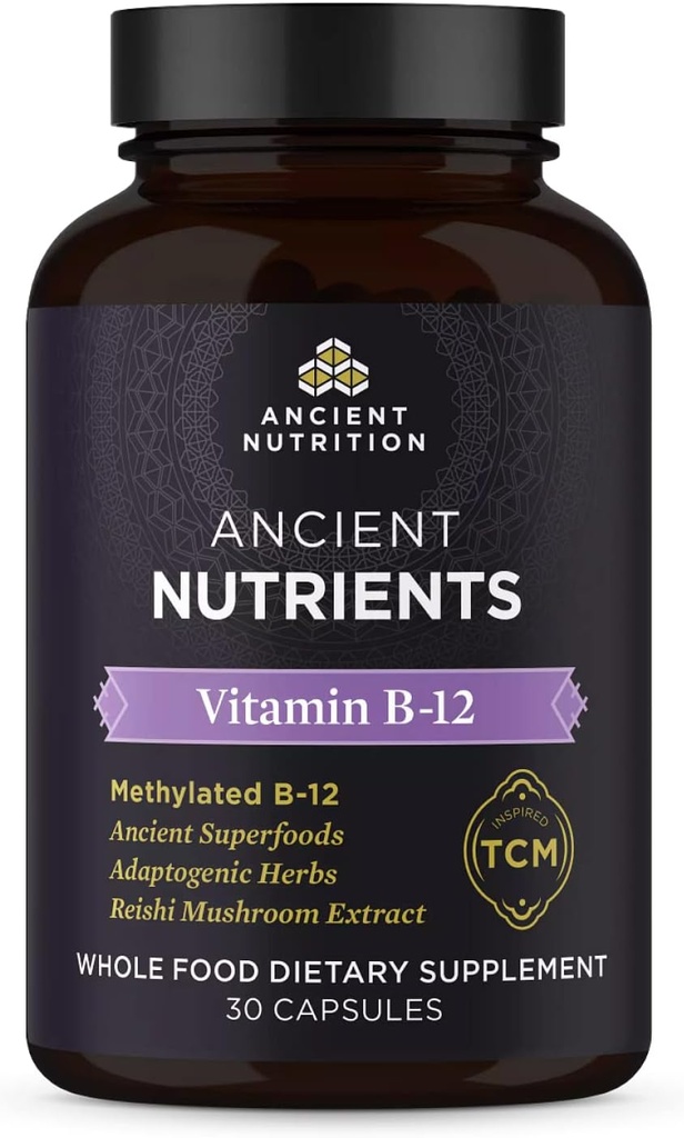Ancient Nutrition Vitamin B12 Supplement, understøtter energi Metabolisme og nervesystem sundhed, Adaptogene urter, enzymer aktiveret, Paleo & Keto Friendly, 30 kapsler