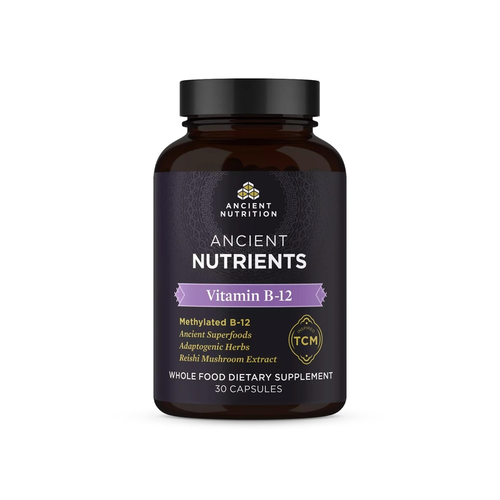 Ancient Nutrition Vitamin B12 Supplement, understøtter energi Metabolisme og nervesystem sundhed, Adaptogene urter, enzymer aktiveret, Paleo & Keto Friendly, 30 kapsler