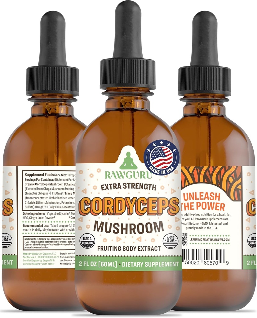 RawGuru Cordyceps Mushroom Supplement - Vegan Cordyceps Extract with Trace Minerals - Nano- Forarbejdede Immunity Boost & Kognitiv Supplement Tincture - 60 Serveringer af Vegan Drops pr 60 ml, pakke med 1