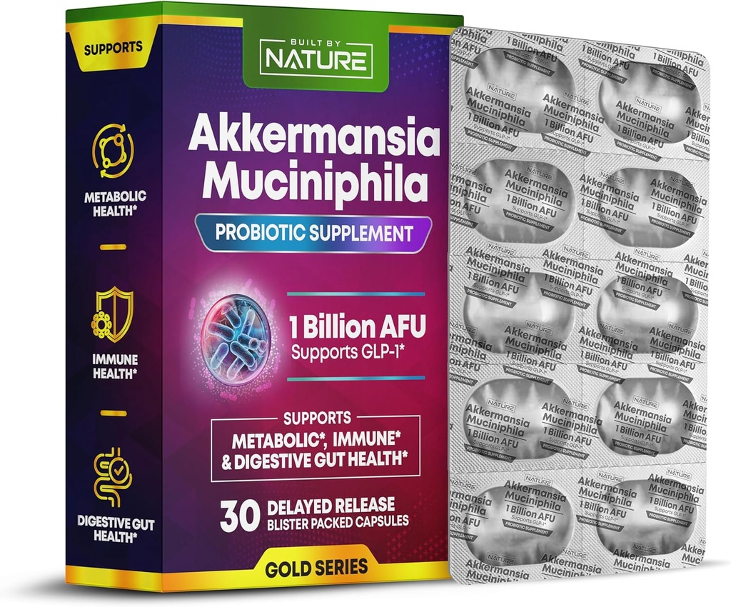 Bygget af Nature Akermansia Probiotic - GLP-1 & Akermansia Muciniphila Supplement - Glucose Support, Vægttab, Gut Health - Bedste Akermansia Probiotika - 1 måned Tilgang, 30 kapsler