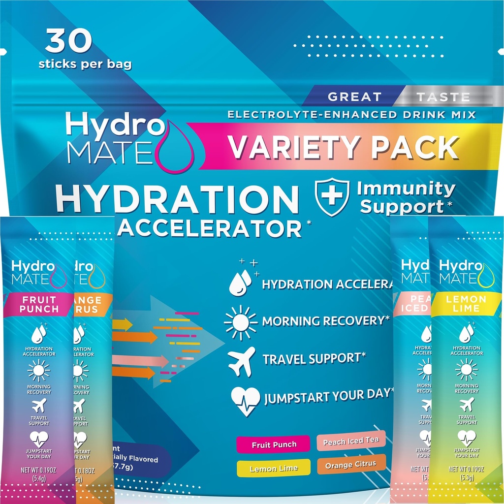 HydroMAT Electrolyte Powder Variety Pack Hydrationspakker Lavt sukker 30 Tælling