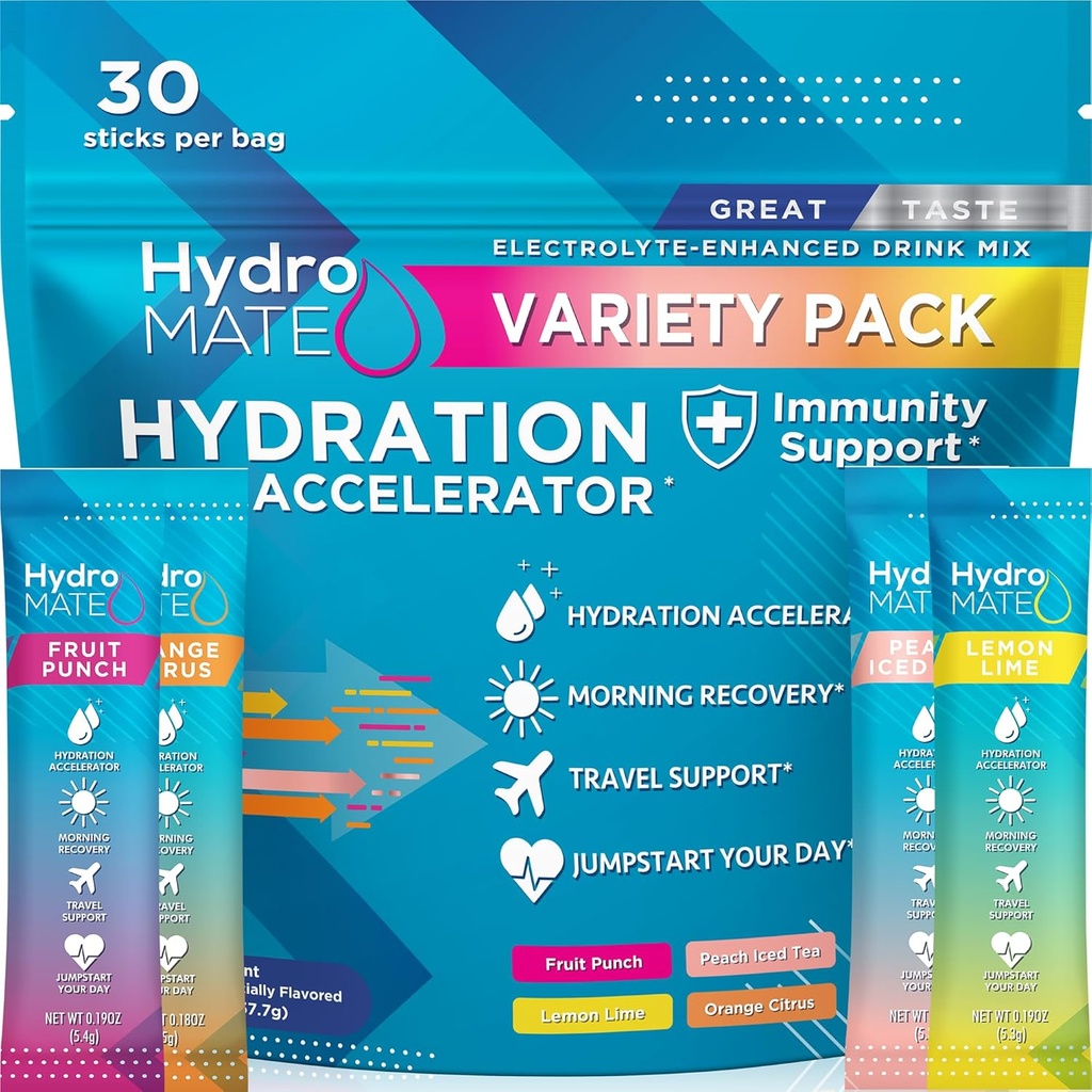 HydroMATE Electrolyte Powder Variety Pack Hydration Packets Low Sugar 30 Count