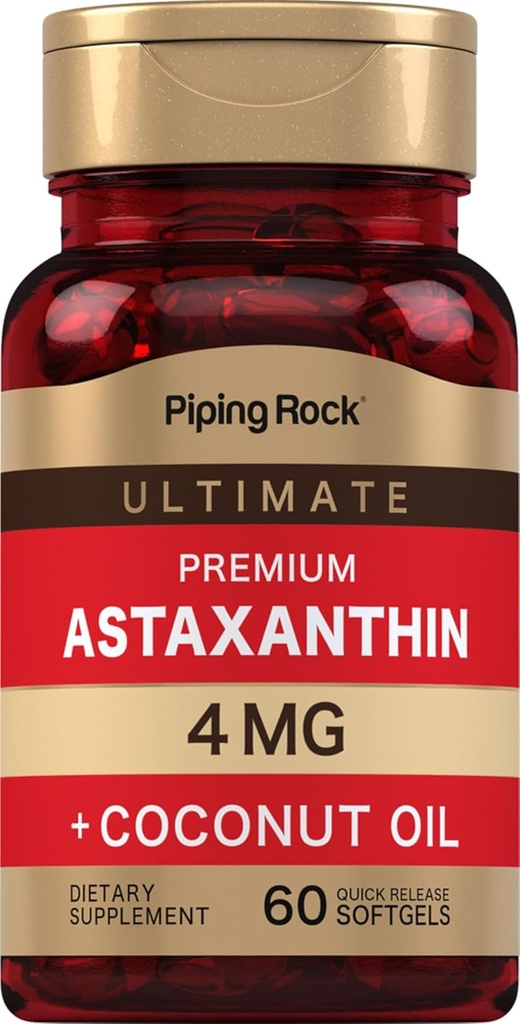 Piping Rock Astaxanthin 4 mg 10 mg 12 4; 60 Softgels 12 4; med kokos olie 12 4; Alger Extract Supplement 12 4; Ikke GMO, Gluten Free
