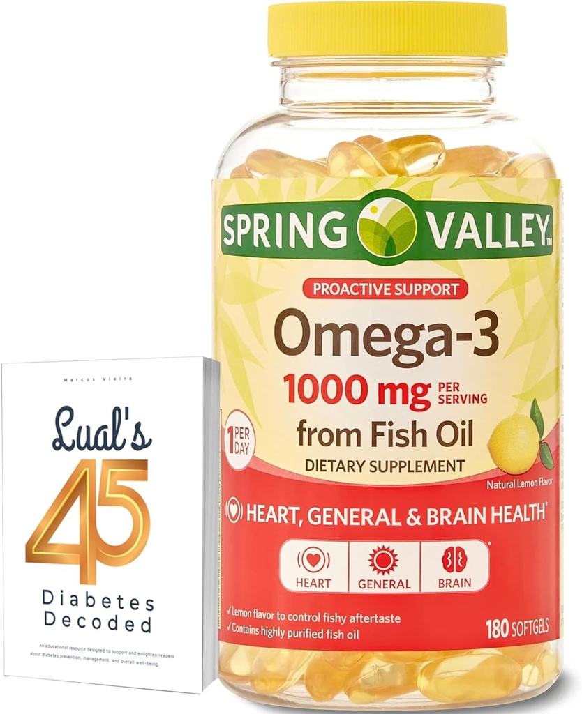 Spring Valley Omega-3 Fish Oil Soft Gels, 1000 mg, 180 Count, Dietary Supplement, Omega-3 Fatty Acids Bundle with Lual's 45 Diabetes Decoded