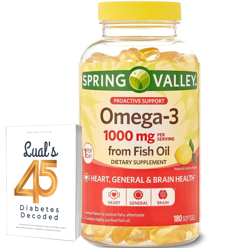 Spring Valley Omega-3 Fish Oil Soft Gels, 1000 mg, 180 Greve, Kosttilskud, Omega-3 Fedtsyrer Bundle med Luals 45 Diabetes Decoded