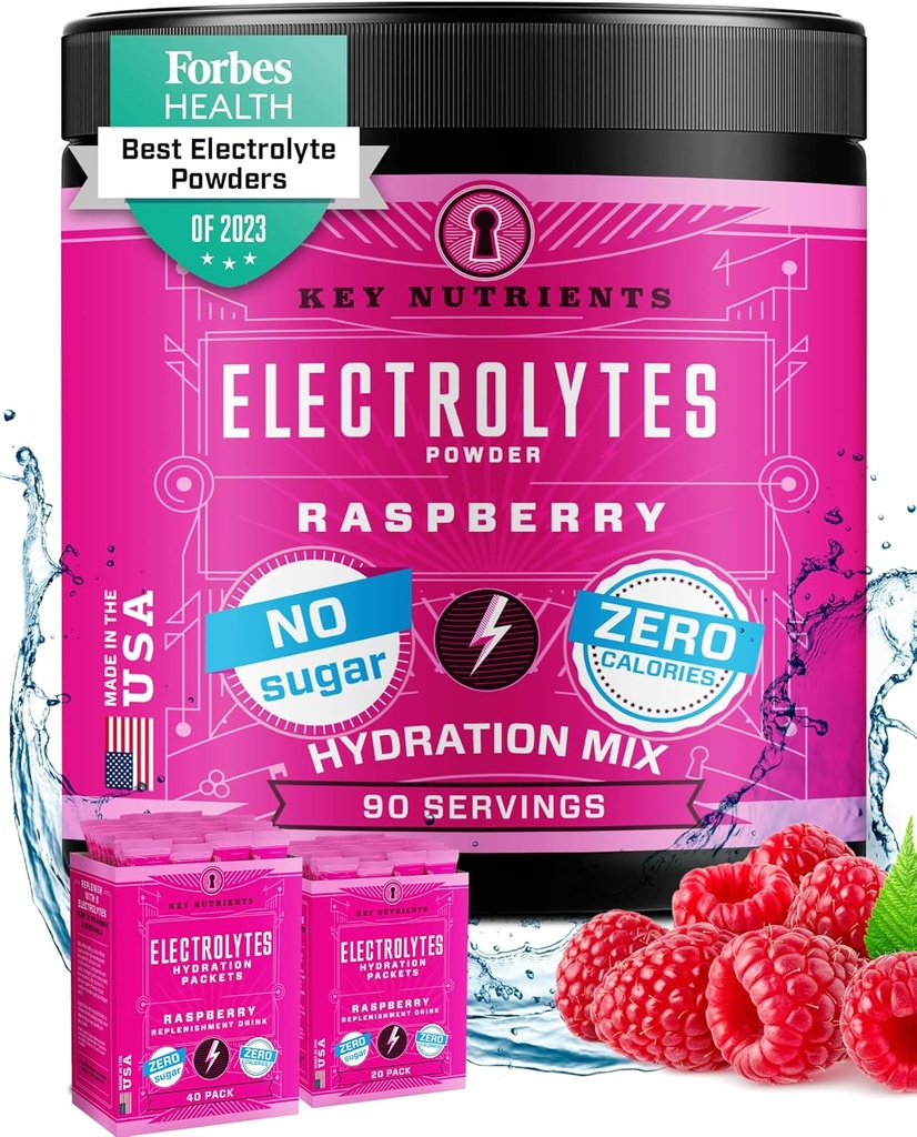 KEY NUTRIENSER Multivitamin Electrolytes Powder No Sugar - Juicy Raspberry Electrolyte Powder - Hydration Powder - Ingen kalorier, Gluten Free Keto Electrolytes Powder - 90 Servering - Made in USA