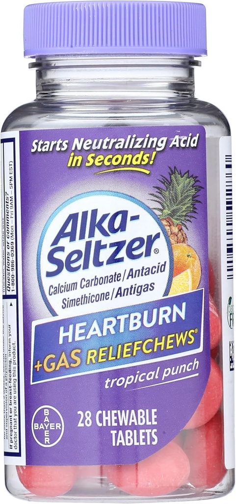Alka- Seltzer Heartburn + Gas ReliefChews - Relief of Heartburn, Gas, Syre fordøjelsesbesvær, og Sour Mave - Tropical Punch Flavors - 28 Greve