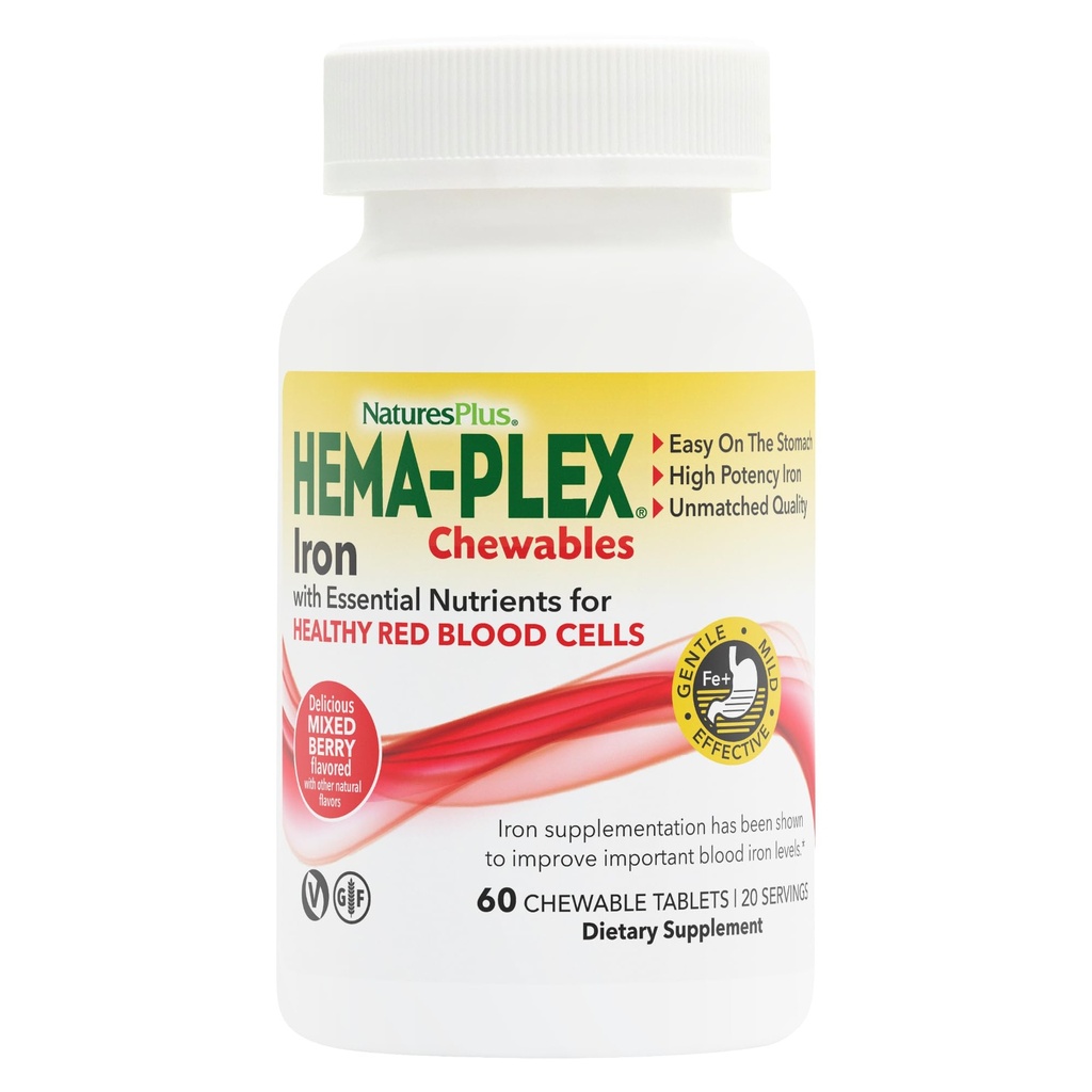 Nature Plus Hema- Plex Iron - 60 Blandede Berry Chewables - 85 mg Elemental Iron - Total Blood Health - med C-vitamin & Bioflavonoider - Vegan, Gluten Free - 20 Servere