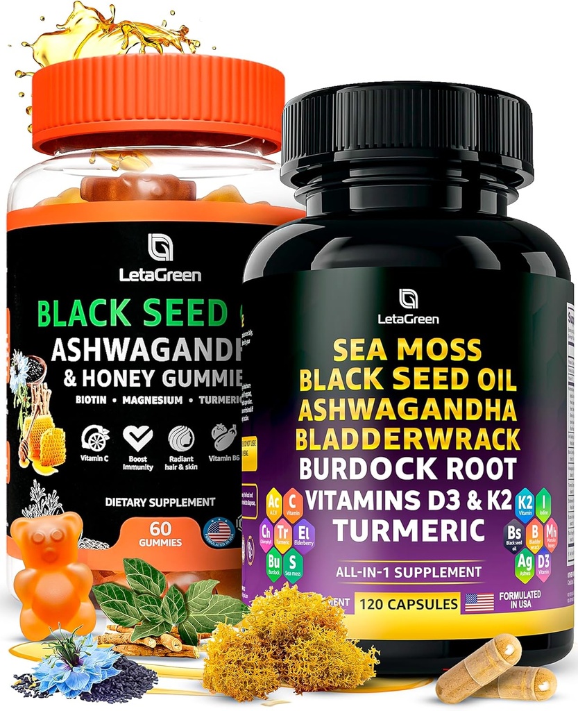 Sea Moss Capsules + Black Seed Oil Gummies Bundle, 60 Black Seed Gummies + 120 Sea Moss Pills, Natural Defenses Support med Vitamin og Multi Minerals Supplement Bundle