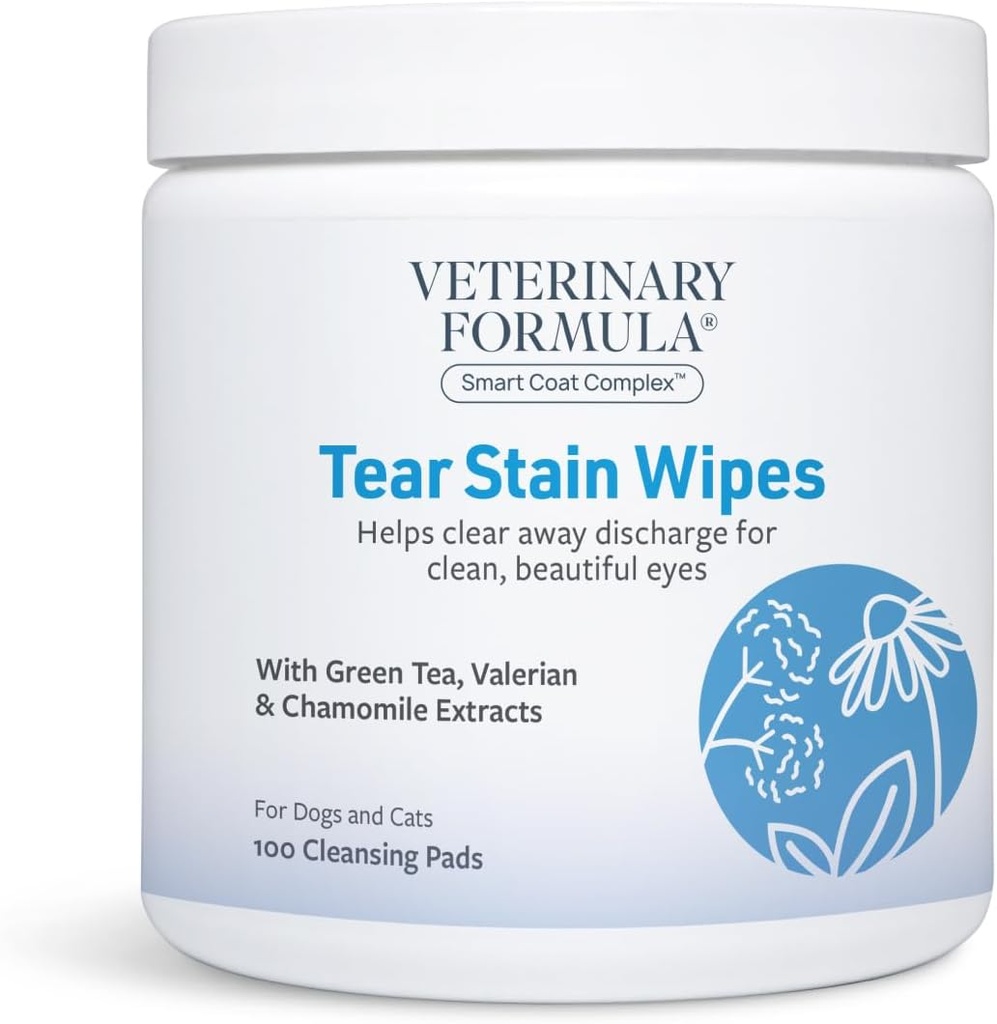 Veterinary Formel Smart Coat Complex Eye + Ansigtsservietter til hunde og katte, 100 ct - Fjern forsigtigt tåre hænder, Ren ansigtstræk & Øjenudladning, Fragrance- fri, Præ- fugte